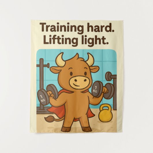 Hard trainen, licht tillen - Funny Bullio Gym Ta Wandkleed (Voorkant)