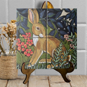 Hare Rabbit in Garden Mural Ceramic 6" Tile Trivet Tegeltje