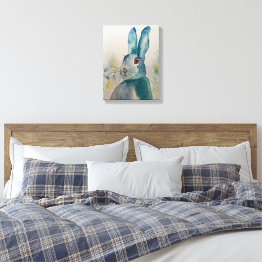 Hare Rabbit Waterverf Blue Canvas Print (Insitu (Slaapkamer))