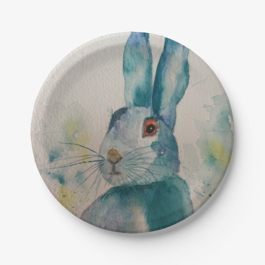 Hare Rabbit Waterverf Blue Papieren Bordje (Voorkant)