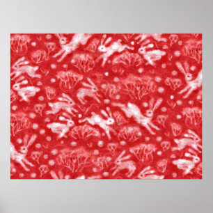 Hares Snow Field White Rabbits Winter Animals Red Poster