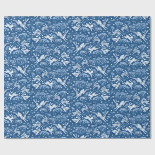 Hares Snow Field White Rabbits Winter Pattern Blue Cadeaupapier (Vlak)