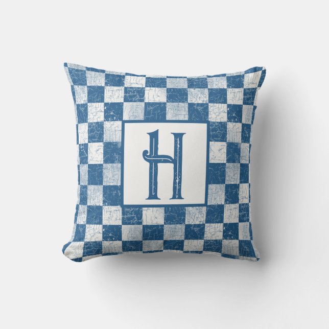 Haringbogen, monogram, blauw, wit kussen (Voorkant)