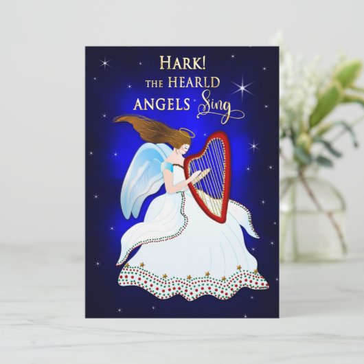 Hark de engelen zingen Kerstengel met harp Feestdagenkaart (Staand voorkant)