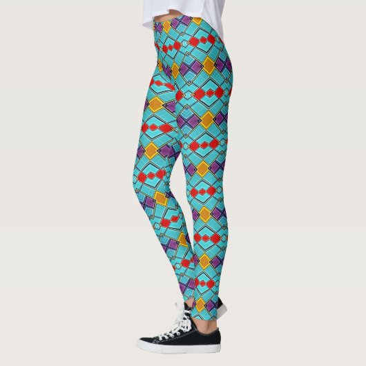 Harlekijnblauw, rood, amber - geometrische lichten leggings (Links)