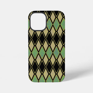 Harlekijnpatroon in goud, groen en zwart iPhone 12 mini hoesje