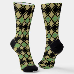 Harlekijnpatroon in goud, groen en zwart sokken