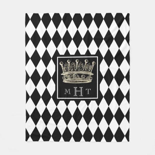 Harlequin Crown Black en White Diamond Monogram Fleece Deken (Voorkant)