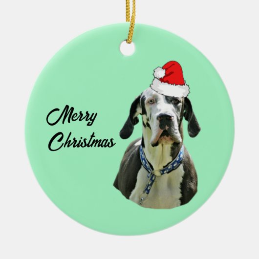 Harlequin Great Dane met Santa Hat Keramisch Ornament (Voorkant)