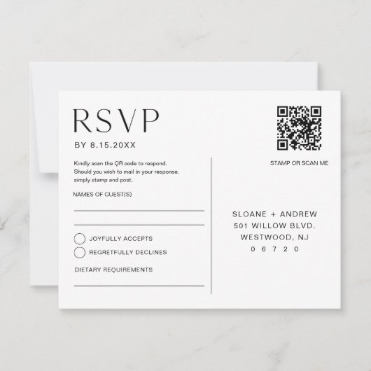HARLOW Bruiloft RSVP QR Code Briefkaart (Voorkant)