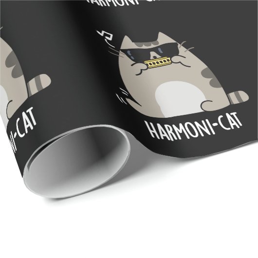 Harmoni-cat Funny Harmonica Cat Pun Dark BG Cadeaupapier (Rol Hoek)