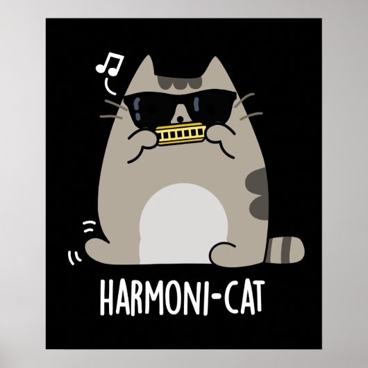 Harmoni-cat Funny Harmonica Cat Pun Dark BG Poster (Voorkant)