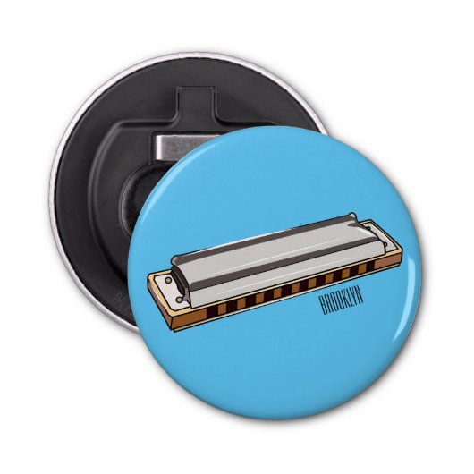 Harmonica cartoon illustratie button flesopener (Voorkant)