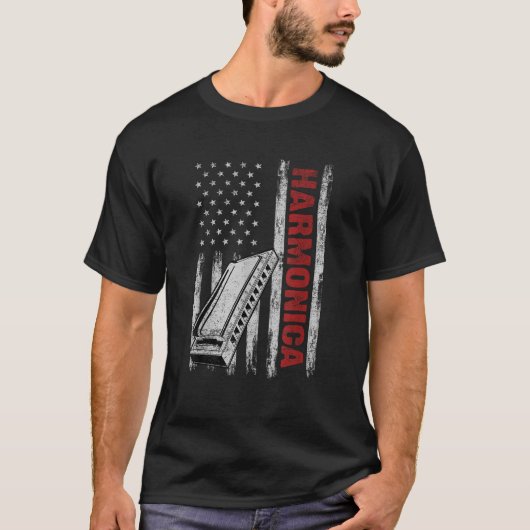 Harmonica Muziekinstrument Amerikaanse vlag 4e van T-shirt (Voorkant)