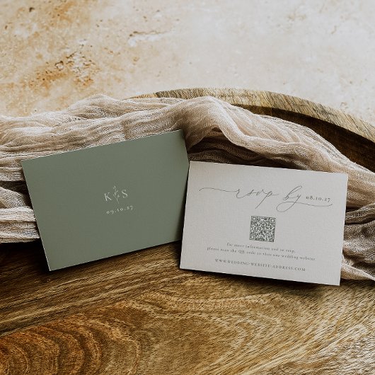HARMONIE | Sage Green Minimalist Wedding QR-code RSVP Kaartje