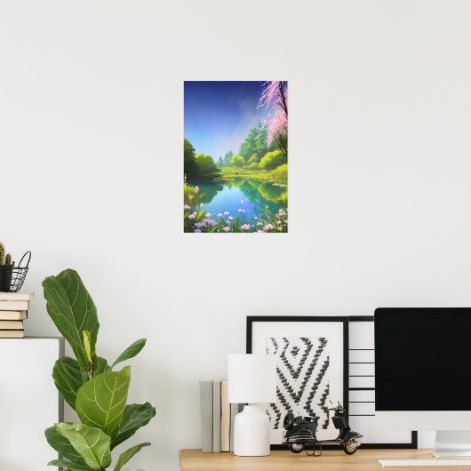 Harmonieuze mix van meer en groene flora poster (Thuiskantoor)