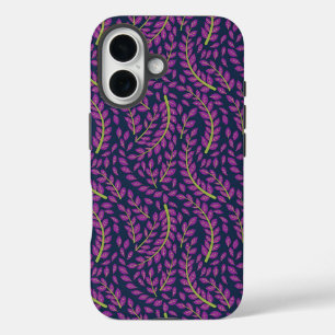 Harmonistische botanische kunst op een donkerblauw iPhone 16 hoesje