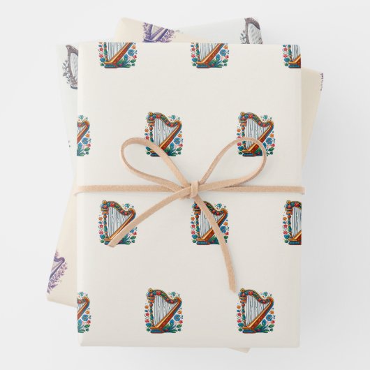 Harp Bloemen Wrapping Papier (Set van 3) Inpakpapier Vel (In situ)