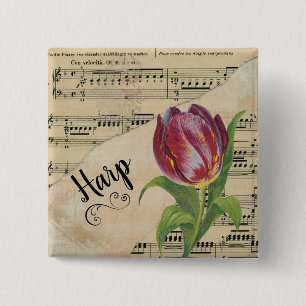 Harp Elegant Tulip  vel Music Vierkante Button 5,1 Cm
