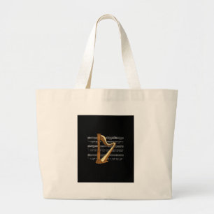 Harp met white Music Sheet Notes ~ Black B'groung Grote Tote Bag