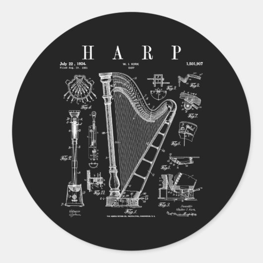 Harp Patent Harpist Tekening Print Ronde Sticker (Voorkant)