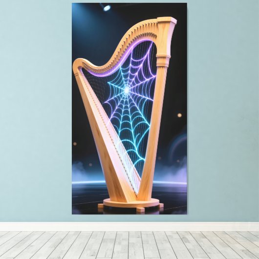 harp strings transform into a shimmering spiderweb canvas afdruk (Insitu (Houten vloer))