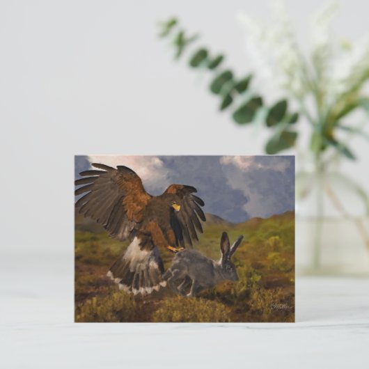 Harris Hawk en Jackrabbit - acryl Briefkaart (Staand voorkant)