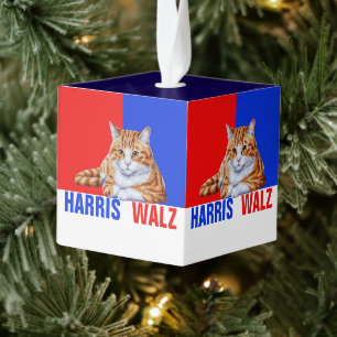 Harris Walz 2024 - Kat rood blauw Kubus Ornament