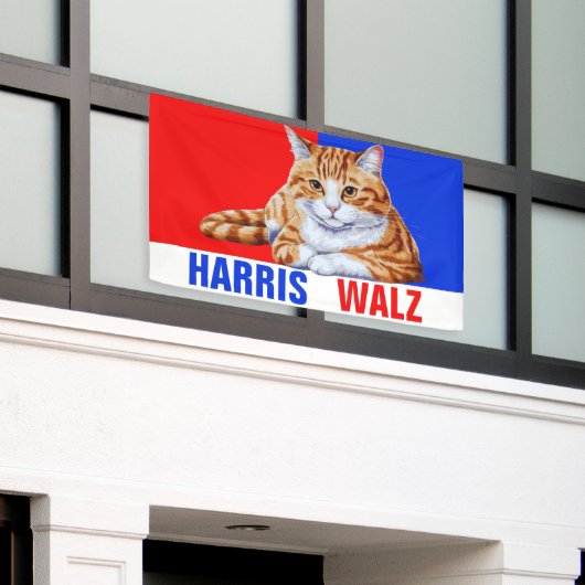 Harris Walz 2024 - Kat rood blauw Spandoek (Buitenkant Gebouw)