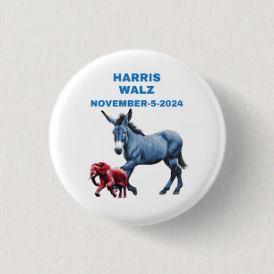 Harris/Walz, stem blauw, ezel, olifant, verkiezing Ronde Button 3,2 Cm