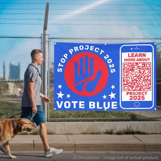 Harris Walz stemt blauw 'Stop Project 2025!' QR-co Spandoek
