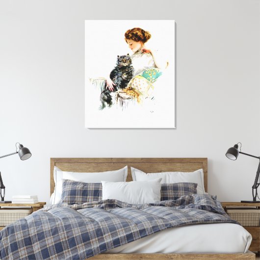 Harrison Fisher: Vrouw met kat Canvas Afdruk (Insitu (Slaapkamer))