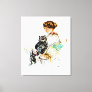 Harrison Fisher Vrouw met kat Canvas Afdruk