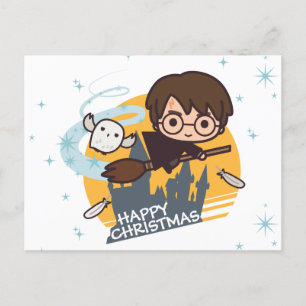 Harry en Hedwig vliegen langs Zweinstein met Kerst Feestdagenkaart