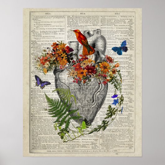 Hart Anatomie met Bloemen Vlinders Kolibrie Poster (Voorkant)