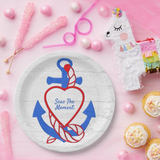 Hart Anker op gewitgewassen hout Papieren Bordje (Feest)