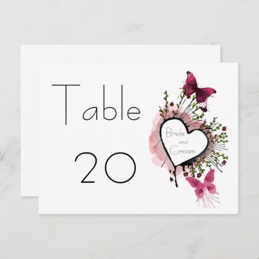 Hart, bloemen en vlinders Tafelnummer Kaart (Voorkant / Achterkant)