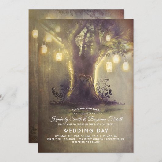 Hart Boom Mason Jar Lights Rustiek Land Bruiloft Kaart (Voorkant / Achterkant)