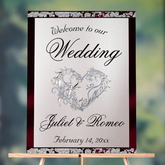 Hart, Bourgondisch lint & Sparkle Welkom Acryl Bord (Neutraal)