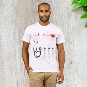 Hart ECG-monitor met stethoscoop en spuiten T-shirt
