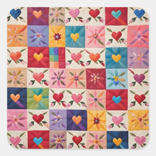 Hart en bloemen quilt vierkante sticker (Voorkant)