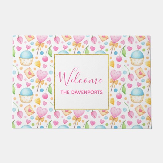 Hart- en Cupcakes heerlijk Waterverf patroon Deurmat (Voorkant)