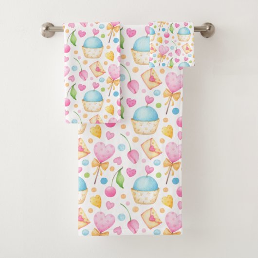 Hart- en cupcakes Waterverf-patroon Bad Handdoek (Insitu)