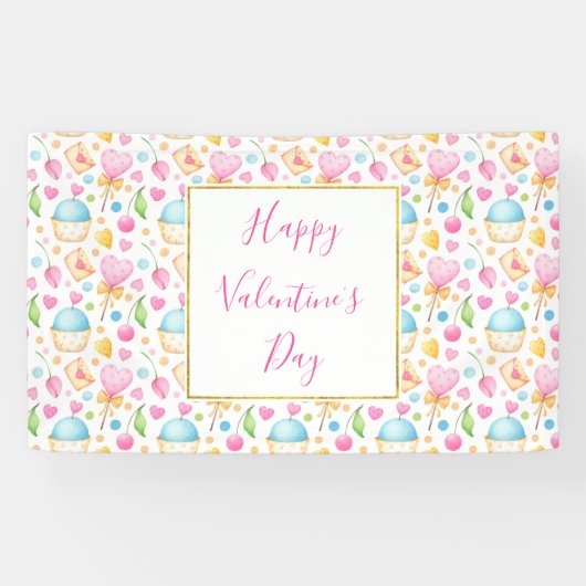 Hart- en cupcakes Waterverf-patroon Spandoek (Horizontaal)