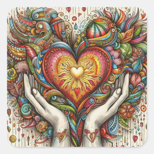 Hart en handen vierkante sticker (Voorkant)
