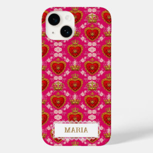 Hart en Kroon Fuchsia Roze Maximalistische Aangepa Case-Mate iPhone 14 Hoesje