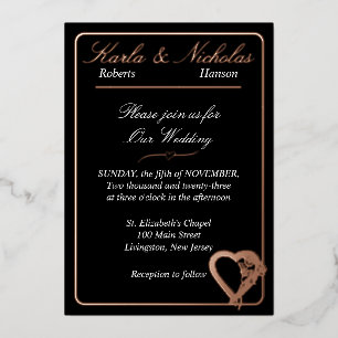 Hart- en Roos-bloemen, legant zwart huwelijk Folie Uitnodiging