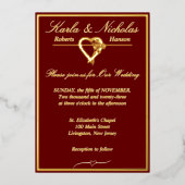 Hart en Rozen, Bourgogne bruiloft Gold Full Folie Uitnodiging (Voorkant)