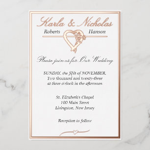 Hart en Rozen, Elegant White Wedding Folie Uitnodiging
