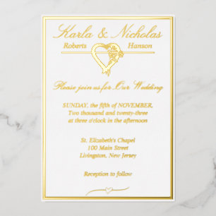 Hart en Rozen, Elegant White Wedding, Gold Full Folie Uitnodiging